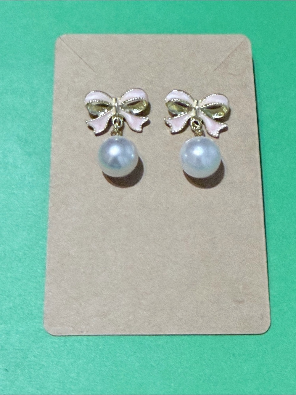 Pink Enamel Bow Pearl  Gold Fairy Core Drop Earrings - Picture 3 of 8